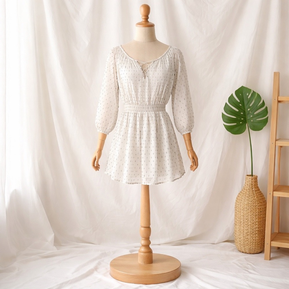 Abercrombie & Fitch White Black Print Sheer Lace Up Smocked Mini Dress Size S
